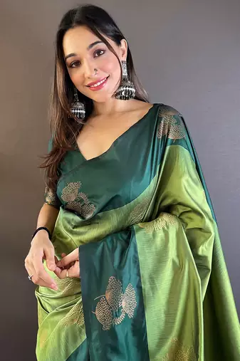 Green soft silk saree with unstitched blouse piece