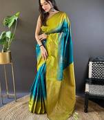 Teal soft silk saree with unstitched blouse piece