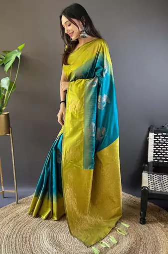 Teal soft silk saree with unstitched blouse piece