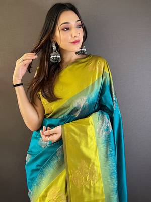 Teal soft silk saree with unstitched blouse piece 3