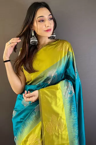 Teal soft silk saree with unstitched blouse piece