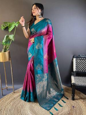 Pink soft silk saree with unstitched blouse piece 1