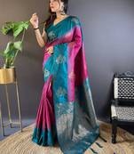 Pink soft silk saree with unstitched blouse piece