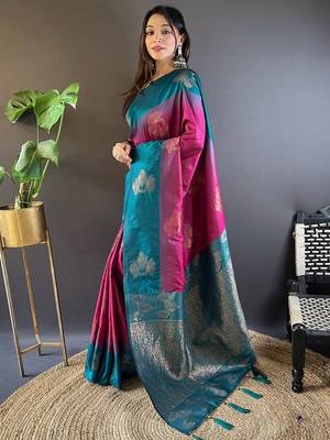 Pink soft silk saree with unstitched blouse piece 2