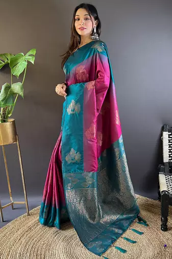 Pink soft silk saree with unstitched blouse piece