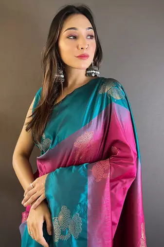 Pink soft silk saree with unstitched blouse piece