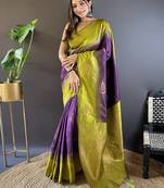 Purple soft silk saree with unstitched blouse piece