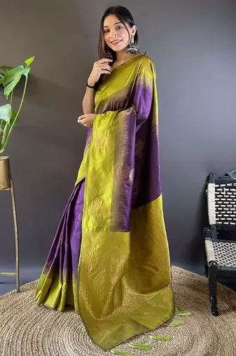 Purple soft silk saree with unstitched blouse piece