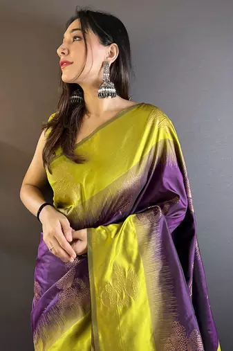 Purple soft silk saree with unstitched blouse piece