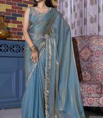 Teal blue sequin resham stone border two tone silk saree sari with matching blouse piece