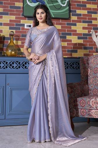Lavender Sequin Resham Stone Border Two Tone Silk Saree With Matching Blouse Piece