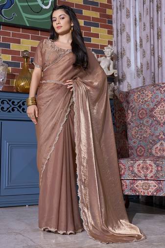 Brown Sequin Resham Stone Border Two Tone Silk Saree With Matching Blouse Piece