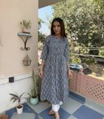 Grey cotton block printed kurta set