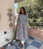 Green cotton block printed kurta set
