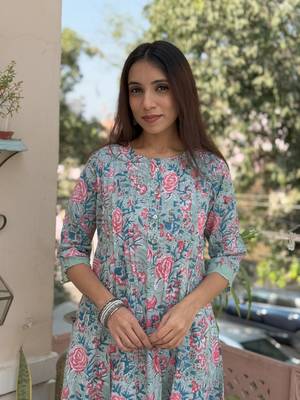 Green cotton block printed kurta set 3