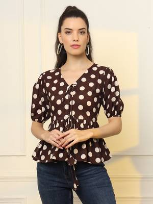  brown cotton polka dot brown tie up peplum top 1