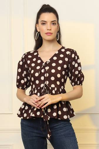  brown cotton polka dot brown tie up peplum top