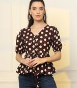 brown cotton polka dot brown tie up peplum top