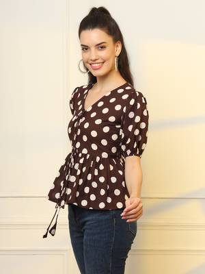  brown cotton polka dot brown tie up peplum top 2