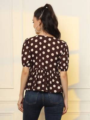  brown cotton polka dot brown tie up peplum top 3