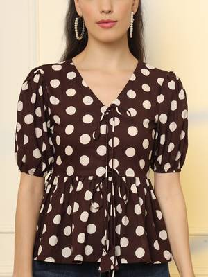  brown cotton polka dot brown tie up peplum top 4
