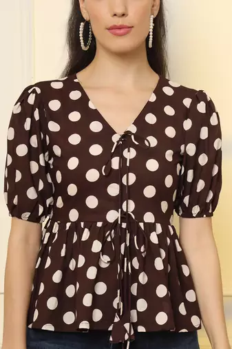  brown cotton polka dot brown tie up peplum top