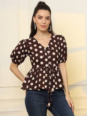  brown cotton polka dot brown tie up peplum top 5