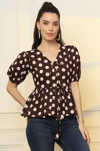  brown cotton polka dot brown tie up peplum top
