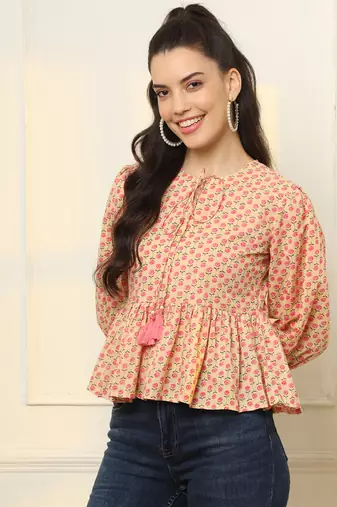  cotton yellow and pink floral tie up top