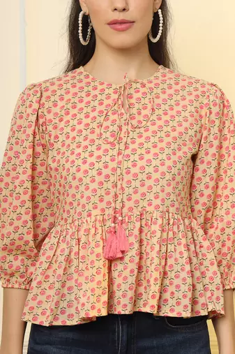  cotton yellow and pink floral tie up top
