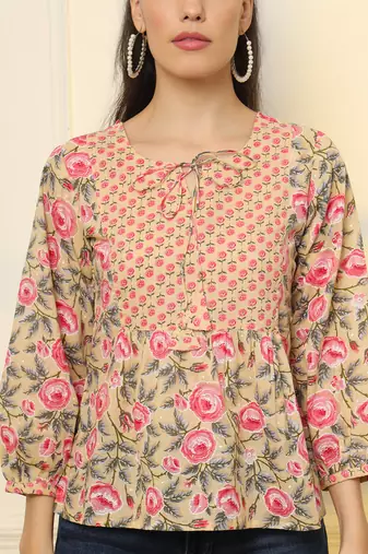  cotton yellow floral tie up top