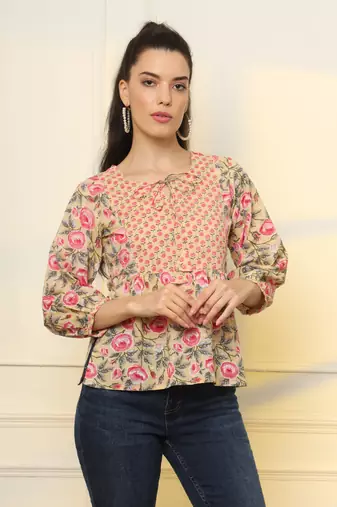  cotton yellow floral tie up top