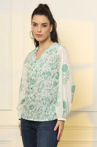  white and green printed cotton top