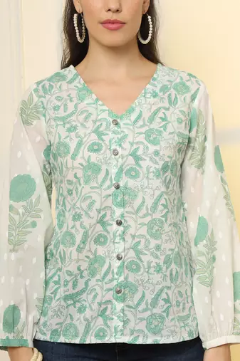  white and green printed cotton top