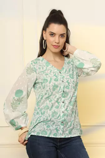  white and green printed cotton top
