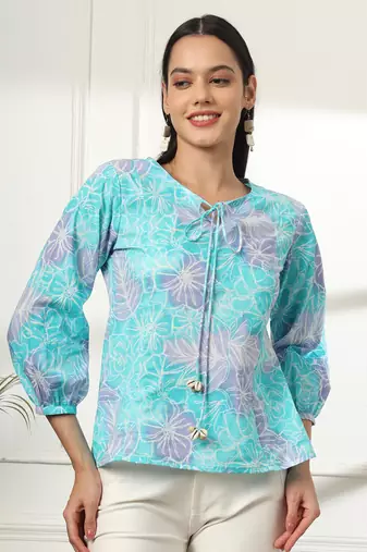  sky blue printed cotton peplum top