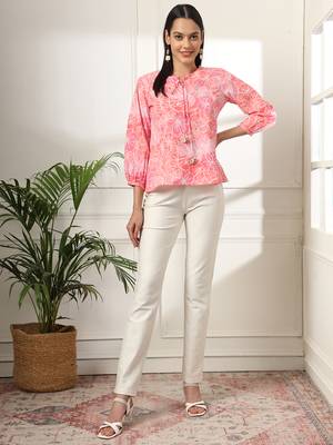  pink printed cotton peplum top 1