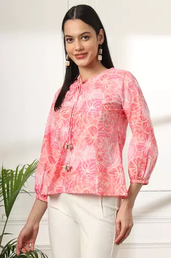  pink printed cotton peplum top