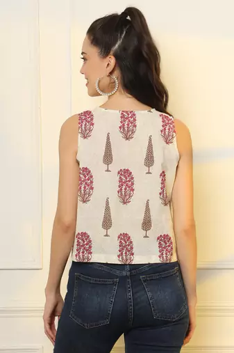  white and pink cotton sleeve less wrap top