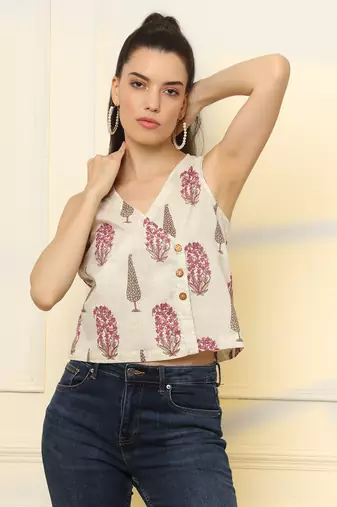  white and pink cotton sleeve less wrap top