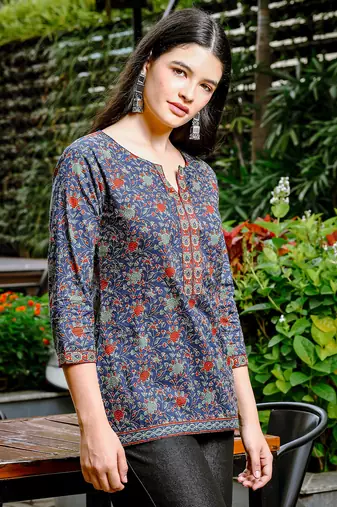  blue cotton ethnic motifs regular top
