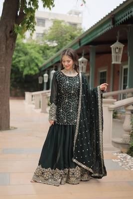 GREEN DESIGNER READYMADE KURTI-PLAZOO-DUPATTA WITH EMBROIDERED WORK 3