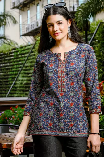  blue cotton ethnic motifs regular top