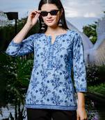  sky blue cotton floral block print regular top