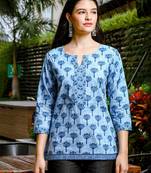  sky blue cotton floral print three quarter sleeve top