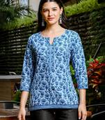  sky blue cotton floral print hip length regular top