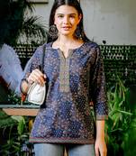  blue cotton floral print regular top