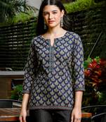  blue cotton abstract print regular top