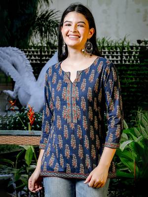  blue cotton floral block print regular top 1