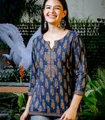  blue cotton floral block print regular top
